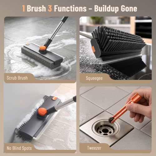3 in 1 Floor Scrub Brush with Long Handle & Squeegee Tweezer: Up to 54"