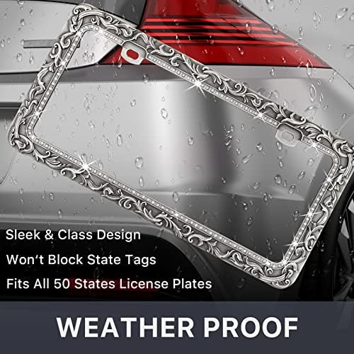 Metal Car License Plate Frames,Antique Old Pattern Printing, Bling Crystal Rhinestones Inlaid,Universal 2 Holes Automotive Replacement Parts Plate Holder(1 Pack)