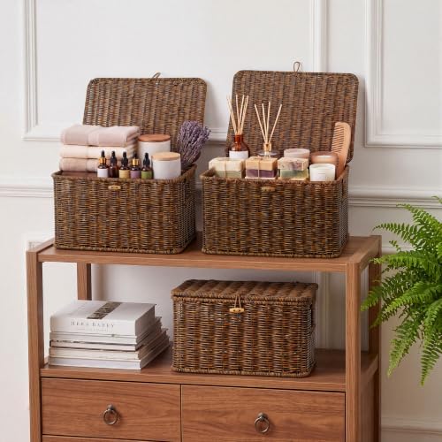 Wicker Storage Basket With lid, Stackable Plastic Bin (Brown, S+M+L)