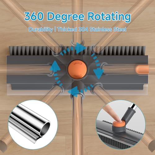 3 in 1 Floor Scrub Brush with 52" Long Handle, Heavy-Duty Stiff 90° Bristle Floor Scrubber, Shower Scrubber with Squeeze, Cleaning Brush for Bathroom Pool Garage Glass Tile Concrete Gray