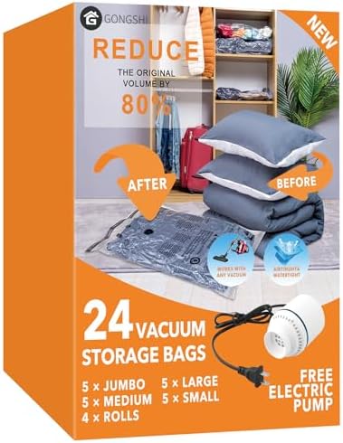 Vacuum Seal Bags for Clothing Travel & Home Storage, Travel Vacuum Bags with Pump,Space Saver for Blankets, Comforters, Pillows, Clothes,24 Combo with Electric Pump