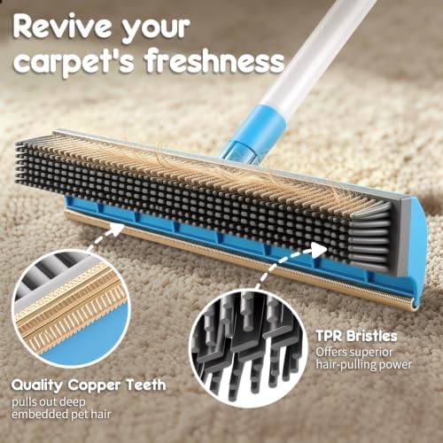 4 in 1 Carpet Rake for Pet Hair Removal Tool, 60'' Dog Cat Hair Remover Kit