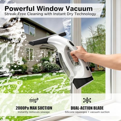 Window Vacuum Squeegee Cordless, 2000Pa Electric Window Cleaner Tool with 2200mAh & 150ml Water Collection Tank, Handles Cleaning Kit Shower Squeegee for Glass Doors, Tiles, Mirrors, Car