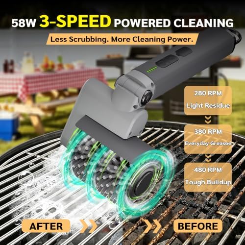 Electric Grill Brush, 58W 3-Speed Cordless Grill Cleaner, Gray