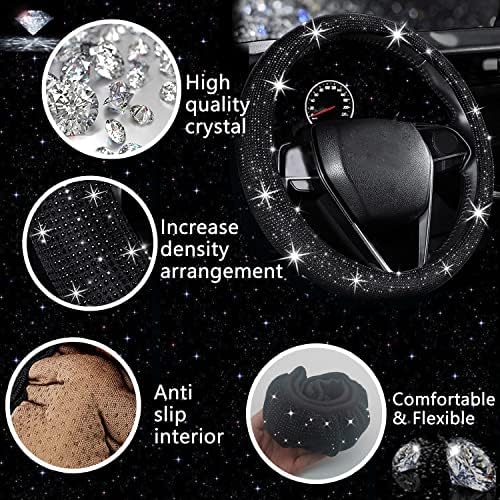 27 PCs Black Bling Car Accessories Set for Women, Steering Wheel Covers Universal Fit 15 Inch, Bling License Plate Frame, Bling Phone Holder, Bling Car Coasters (Black Diamond)