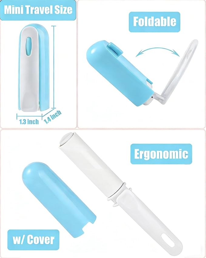 Mini Lint Roller for Travel Purse Car Pocket Small Lint Roller for Clothes Pet Hair Remover Roller with Cover and 4 Refills Extra Sticky 150 Sheets Total (Blue)