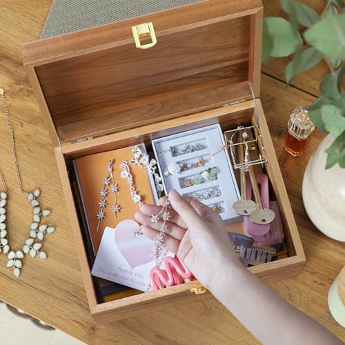 Wooden Keepsake Box, Large Acacia Storage Memory Box with a Hinged Lid for Crafts and Photo Storage