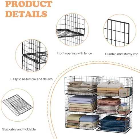 6-Tier Stackable Closet Organizers and Storage Shelves, Closet Shelf Organizer Basket Bins, Foldable Sweater Storage for Clothes Organizer System, Black（Patent No. 30022416）
