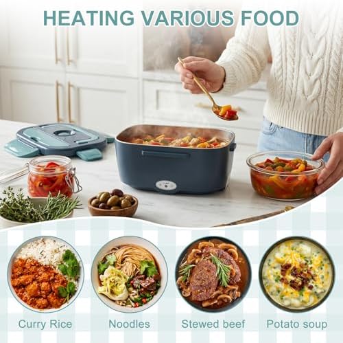 Electric Lunch Box Food Heater, 3 in 1 Ultra Quick Heated Lunch Boxes for Adults, 12V/24V/110V Portable Food Warmer for Car/Truck/Office With Fork Spoon and Insulated Carry Bag, White Elephant Gifts