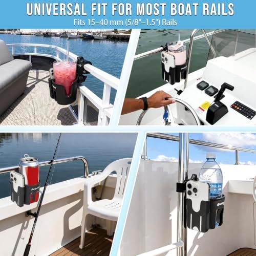 Boat Rail Cup Holder 2 Pack, No-Drill Clamp-On Marine Cup Holders 360° Adjustable for Pontoon Boat, Bimini Top, Grab Bar, PWC, Jet Ski, Fits Round & Square Rails 15-40mm, Boat Gifts for Men