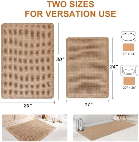 Luxury Waffle Bath Mat, Super Absorbent Non Slip Bathroom Rugs, Boho Ultra Soft Comfort Machine Washable Quick Dry Floor Mats with Tassels (Brown, 17" x 24" + 20" x 30")