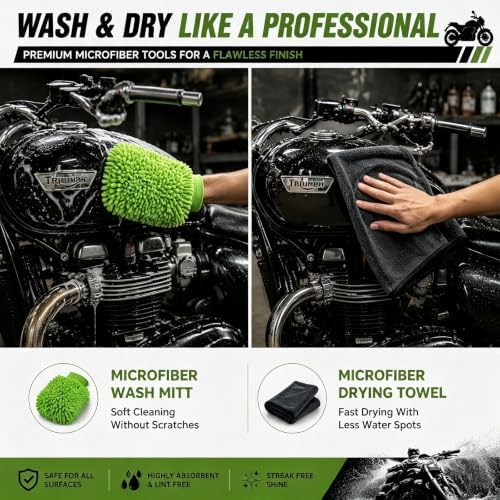 Motorcycle Cleaning Kit - 11 Pc Professional Motorcycle Detailing & Wash Kit for Harley Davidson, Dirt Bike & Street Bikes, Complete Care Set with 3-Sided Chain Brush, Wheel Rim Brush & Storage Bag