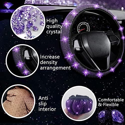 27 PCs Purple Violet Bling Car Accessories Set for Women, Steering Wheel Covers Universal Fit 15 Inch, Bling License Plate Frame, Bling Phone Holder, Bling Car Coasters