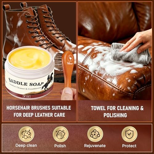 Yellow Saddle Soap for Leather 8oz set - Leather Cleaner and Conditioner to Soften, Protect & Restore Leathercraft - Leather Cleaner for Car Seat, Couch, Shoes, Purse, Boot, Handbag & Saddles