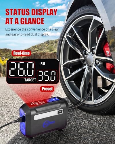 R8 Tire Inflator Portable Air Compressor, DC 12V Air Compressor Portable with Large Dual Digital Screen, 3X Faster Inflation Air Pump for Car, Bike, Ball, Motor (Blue)