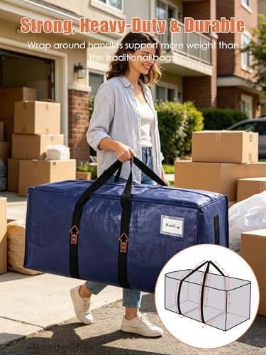 8 Pack 200LB Heavy-Duty Moving Bags with Wrap-Around Handles, Extra Large Storage Totes for Space Saving, Clothes Storage Bags, College Dorm Essentials, Blue, 24 Gal
