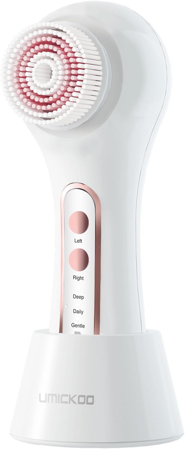 UMICKOO Electric Facial Cleansing Brush, 2-Way Rotating Face Scrubber for Daily & Deep Cleaning, 3 Modes, 5 Brush Heads, Rechargeable, IPX7 Waterproof for All Skin Types