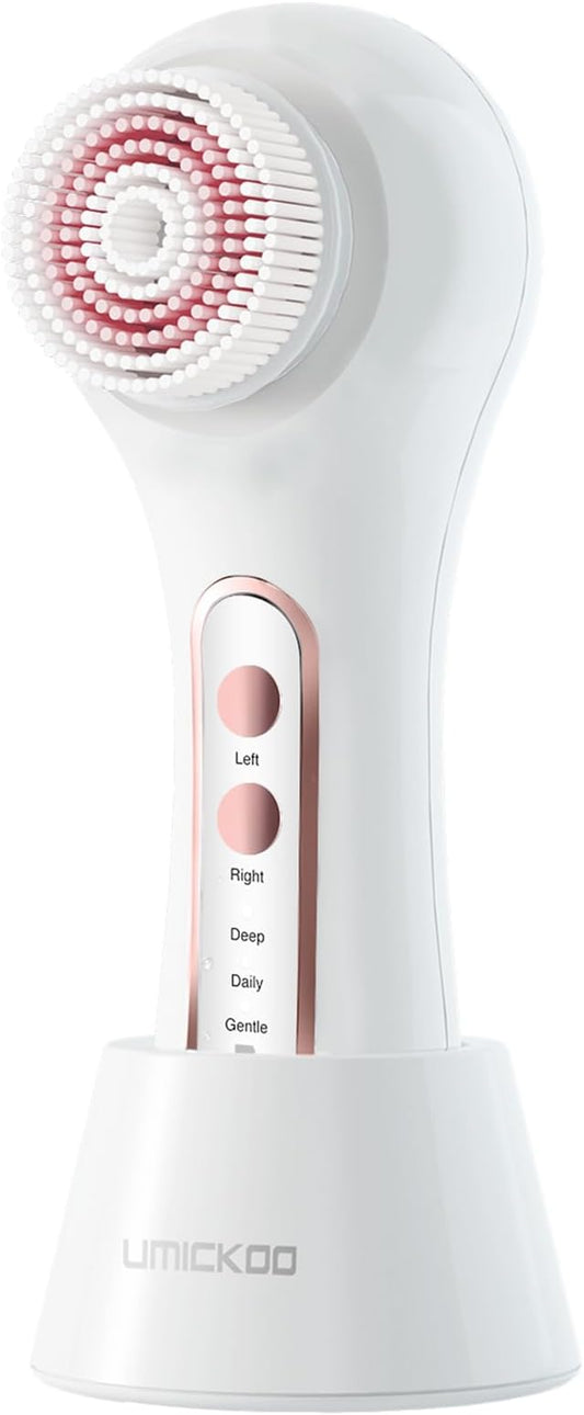 UMICKOO Electric Facial Cleansing Brush, 2-Way Rotating Face Scrubber for Daily & Deep Cleaning, 3 Modes, 5 Brush Heads, Rechargeable, IPX7 Waterproof for All Skin Types