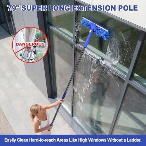 4-in-1 Window Squeegee, 79'' Window Cleaner Tool with Extension Pole, Window Cleaning Kit with Storage Bag, Rotatable Window Washing Kit Equipment for Home, Outdoor High Windows, Glass, Shower