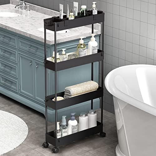 Slim Storage Cart 4 Tier,Bathroom Organizer Rolling Utility,Mobile Shelving Unit Slide Out for Office, Kitchen, Laundry Room & Narrow Places,Black