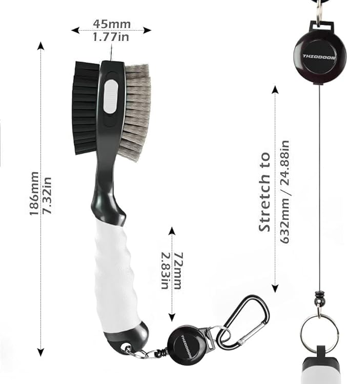 THIODOON 2 Pack Golf Club Brushes and Groove Cleaner 2 ft Retractable Zipline Carabiner Golf Brush Head with Retractable Spike Comfortable Grip Golf Club Cleaner