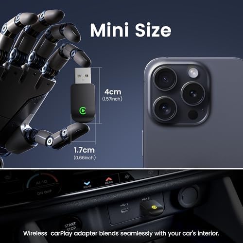 Wireless CarPlay Adapter for iPhone - Convert Wired to Wireless, Mini USB Design, Plug & Play - Compatible with Cars with Apple CarPlay - Includes USB-C Cable - Fast Connection, No Latency (Black)