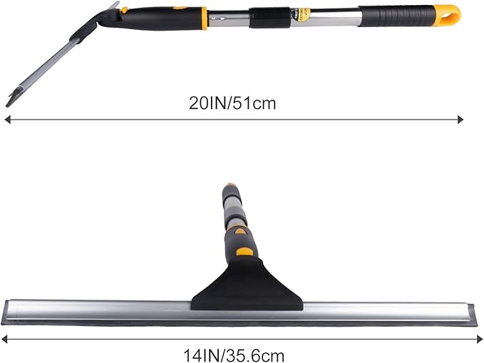 14" Window Cleaning Tool, All-Purpose Extendable Window Squeegee with 2 Blades and Stainless Steel Pole, Shower Squeegee for Glass Doors,Shower Doors, Windows, Bathroom and Car Windshields