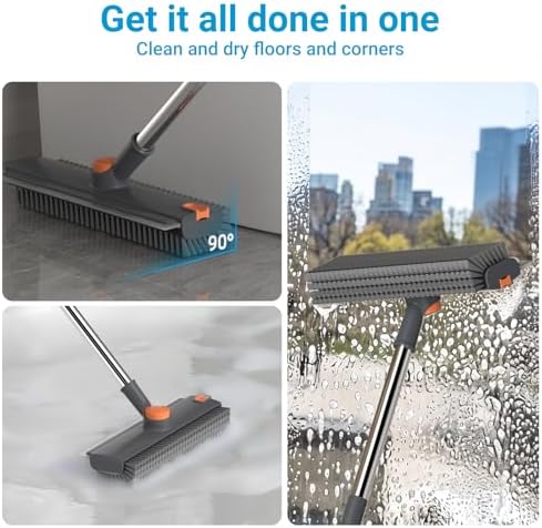 3 in 1 Floor Scrub Brush with 52" Long Handle, Heavy-Duty Stiff 90° Bristle Floor Scrubber, Shower Scrubber with Squeeze, Cleaning Brush for Bathroom Pool Garage Glass Tile Concrete Gray