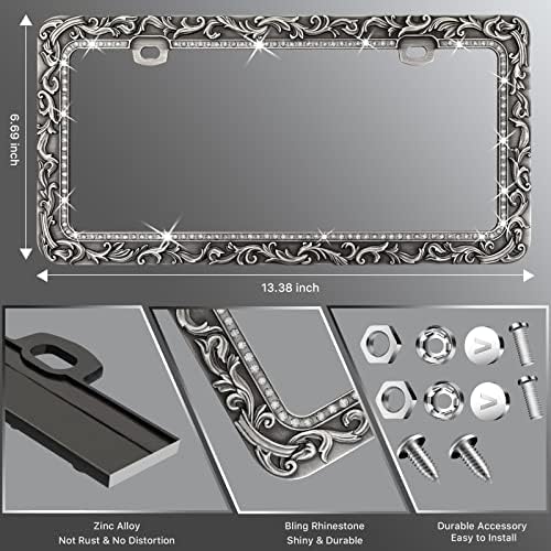 Metal Car License Plate Frames,Antique Old Pattern Printing, Bling Crystal Rhinestones Inlaid,Universal 2 Holes Automotive Replacement Parts Plate Holder(1 Pack)