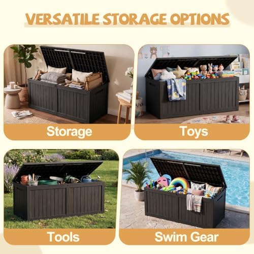 Outdoor Storage Box Waterproof, 370 Gal Gen 2 Resin Deck Box Gas Struts