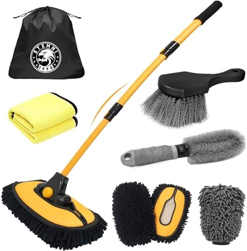 Car Wash Brush with Long Handle, 15°Curved Car Cleaning Brush with Telescopic Handle, Complete Car Wash Kit 8pcs for Cars RV Truck Boat Home