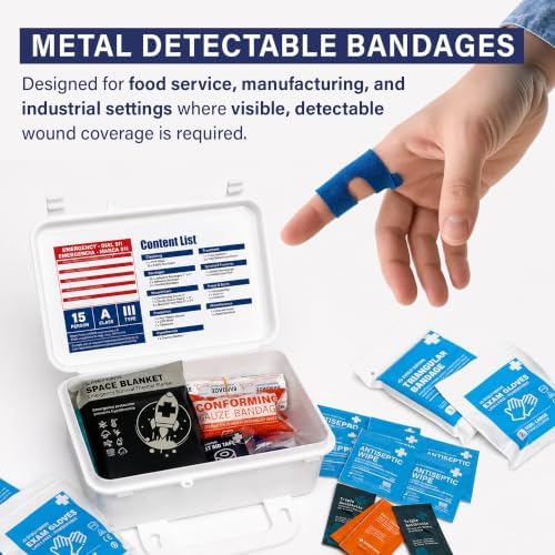 Small OSHA-Compliant First Aid Kit | ANSI Class A Type III, Mountable Emergency Kit with Metal Detectable Bandage for Business, Manufacturing, Industrial, Commercial Kitchen & Restaurant