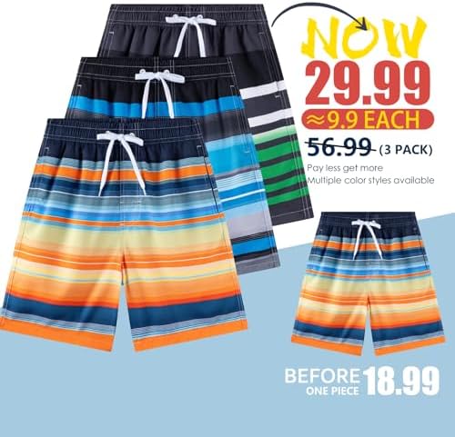 Boys Swim Trunks 3 Pack Quick Dry UPF 50+ Bathing Suit 5-16 Years