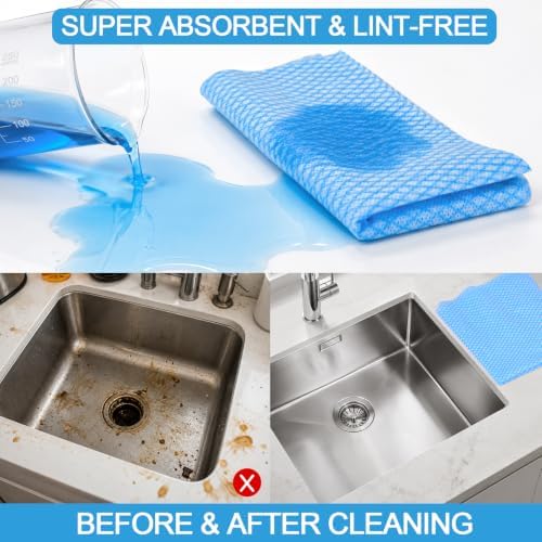 200 Pack Disposable Dish Cloths 14×16 in, Handy Wipes Reuseable Cleaning Cloths Disposable Cleaning Towels for Kitchen and Home, Blue