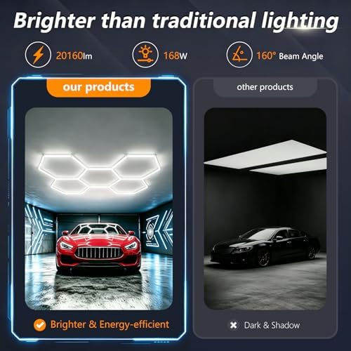 Hexagon Garage Light, 168W 6500K Super Bright Honeycomb LED Ceiling Light, DIY Hex Lights for Warehouse Workshop Gym Barbershop Car Detailing Auto Beauty (5 Grids)