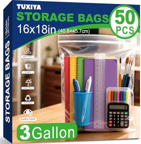 50PACK 3 Gallon Large Zipper Bags for Storage 16" x 18" Storage Bags