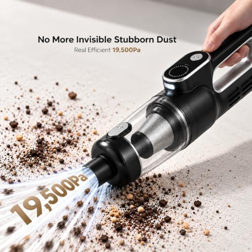 Car Vacuum Portable Cordless, 4-in-1 Mini Car Vacuum Cleaner, 19500Pa Suction & Air Duster, USB-C Rechargeable Handheld Vacuum with LED Light, Smart Display for Car, Home & Pet