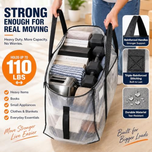 Moving Bags Heavy Duty Extra Large, 6 Pack Semi-Transparent Storage Bags with Zippers & Reinforced Handles, Waterproof Packing Bags for Moving, Moving Supplies for Clothes, College, Storage