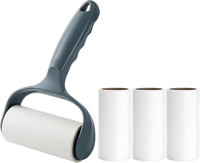Flat Sticky Lint Roller for Couch Desk Chair Dog/Cat Bed Balliard Table Lint Roller for Pet Hair Lint Remover T Shape Handle with 4 Refill Rolls (Navy Black)