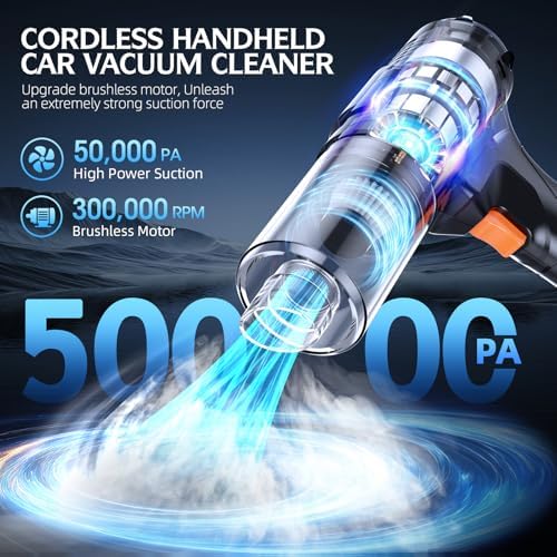 Car Vacuum Portable Cordless, 50000Pa Strong Suction Brushless Motor, Handheld Vacuum with 2 Batteries & Charger, 6-in-1 Rechargeable Vacuum Cleaners for Home, Pet Hair & Keyboard - Ink Black