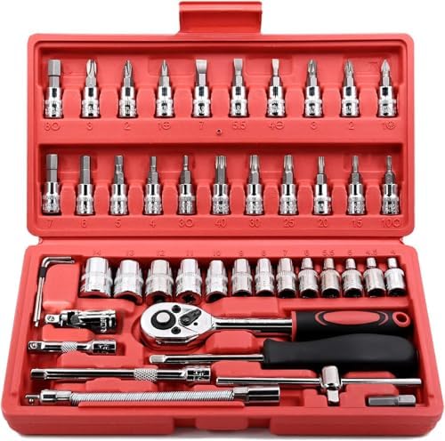 46 Pieces 1/4 inch Drive Socket Ratchet Wrench Set, with Bit Socket Set Metric and Extension Bar for Auto Repairing and Household, with Storage Case