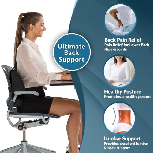Lumbar Support Back Pillow Office Chair and Car Seat Cushion - Memory Foam with Adjustable Strap and Breathable 3D Mesh (Black)