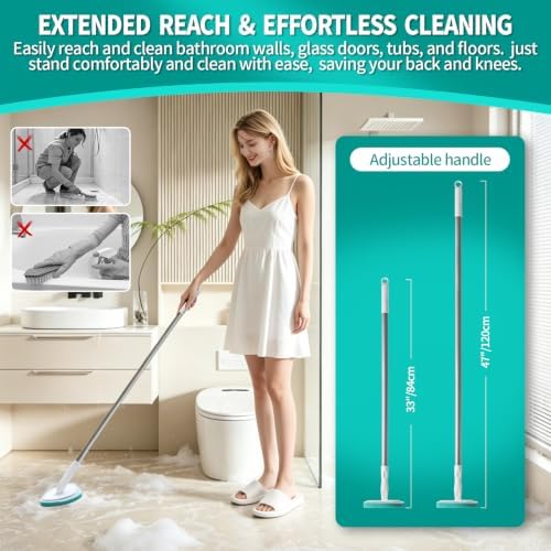 Professional Shower Scrubber with Long Handle, Shower Cleaner Brush, Shower and tub Scrubber with 10 PCS Non-Scratch Scouring Pads for Bathroom Shower and tub