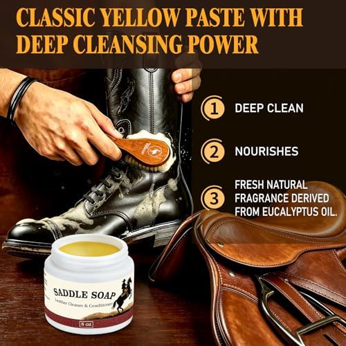 Yellow Saddle Soap for Leather 8oz set - Leather Cleaner and Conditioner to Soften, Protect & Restore Leathercraft - Leather Cleaner for Car Seat, Couch, Shoes, Purse, Boot, Handbag & Saddles