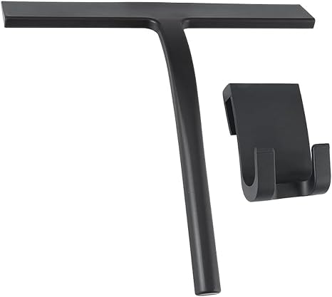 Shower Squeegee with Hook,Matte Black 9-inch Stainless Steel Core Streak-Free Cleaning, Silicone Rubber Squeegees for Sh