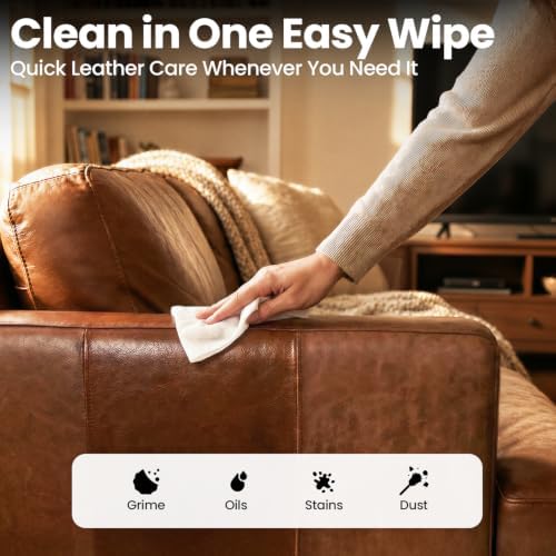Leather Wipes 4-in-1 Leather Cleaner and Conditioner for Furniture - Leather Couch Cleaner, Car, Shoes & Purses – UV Protection, XL Moistened Wipes Restore & Protect – 2 Pack (80 Wipes)