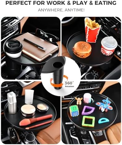 Car Tray and Cup Holders, 360° Rotating Car Desk for Laptop, Upgraded Steering Wheel Tray, Car Food Tray Table for Eating, Automatic Center Console Cup Holder Universal Fit