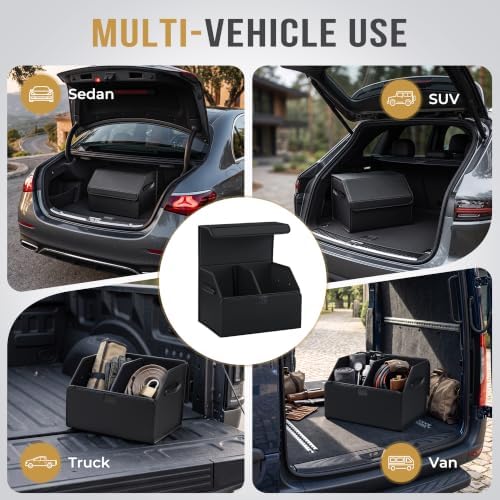 Car Trunk Organizer for SUV & Sedan - Magnetic Lid, Large Capacity PU Leather Waterproof Foldable Storage Box, Adjustable Dividers and Side Handles, Tools, Snacks & Auto Accessories, 16.5"x13"x11.4"