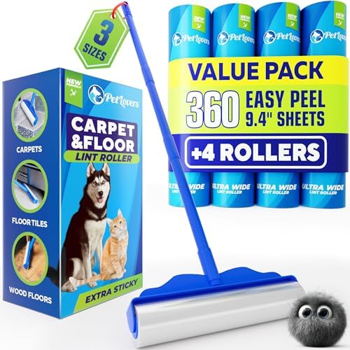 Large Lint Roller with 3 Refills – 360 Total Sheets for Tackling Pet Hair, Extra Large Floor and Carpet Roller for Homes with Pets, Perfect for Floors, Furniture, and Loving Pet Owners