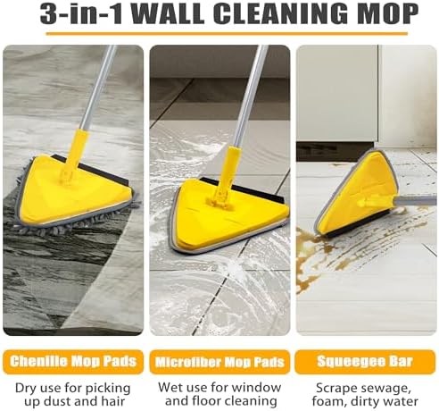 Wall Mop with Long Handle 80 Inches, Upgraded 180° Collapsible Baseboard Cleaner Tool with Squeegee, Ceiling Duster with 3 Microfiber and 3 Chenille Pads for Cleaning Window, Cabinet (Yellow)